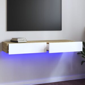 Modern White Sonoma Oak TV Stand Cabinet with RGB LED Lights Ample Storage