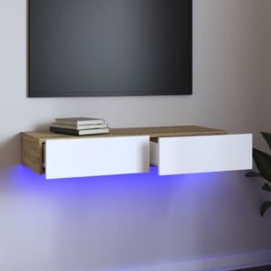 Chic White Sonoma Oak TV Stand Cabinet with LED Lighting Ample Storage Space