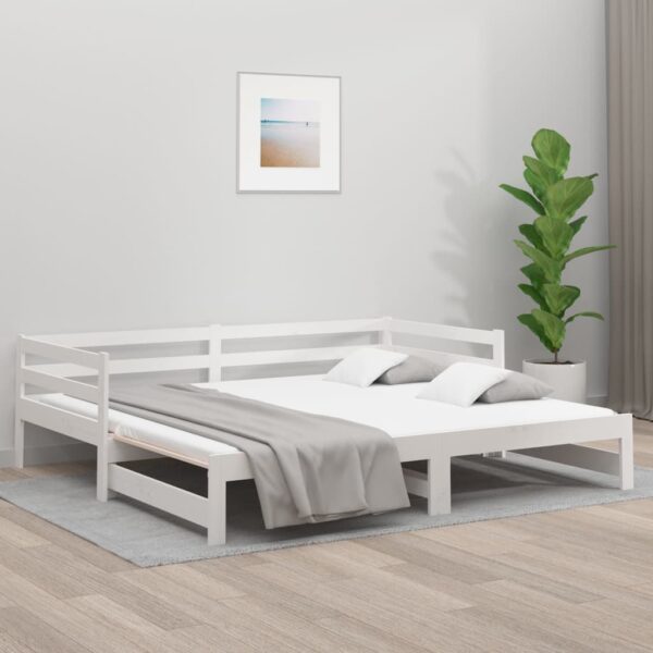 Solid Pine Wood White Day Bed Single Size Pull-out Sofa Slatted Guest Sleeper