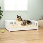 Luxury Solid Pine Wood Pet Bed White Rectangular Elevated Dog Sofa Cozy Home