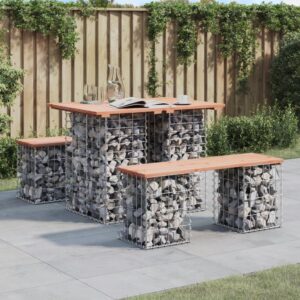 Outdoor Garden Bench Solid Wood Seating Gabion Steel Base Durable Patio Decor