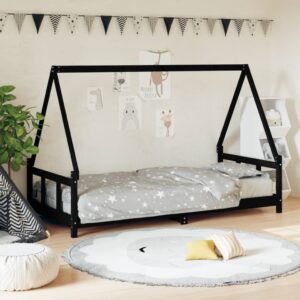 Solid Pine Wood Kids Bed Frame House  Toddler Single Bed Black Low Height