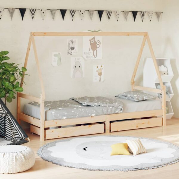 Solid Pine Wood Kids Bed Frame House Design with Storage Drawers Toddler Bed