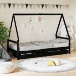 Kids Solid Pine Wood Bed Frame House Design with Storage Drawers in Black