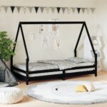 Solid Pine Wood Kids Bed Frame House  Toddler Single Bed Black Low Height