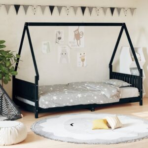 Kids Bed Frame Solid Pine Wood House Design Sturdy Slats Black Low to Ground