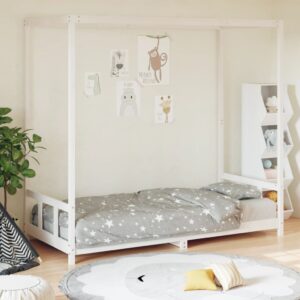 Solid Pine Wood Kids Bed Frame with Canopy Design White Low to Ground Sturdy Slats