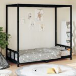 Kids Bed Frame Solid Pine Wood Canopy Design Sturdy Slats Black Low to Ground