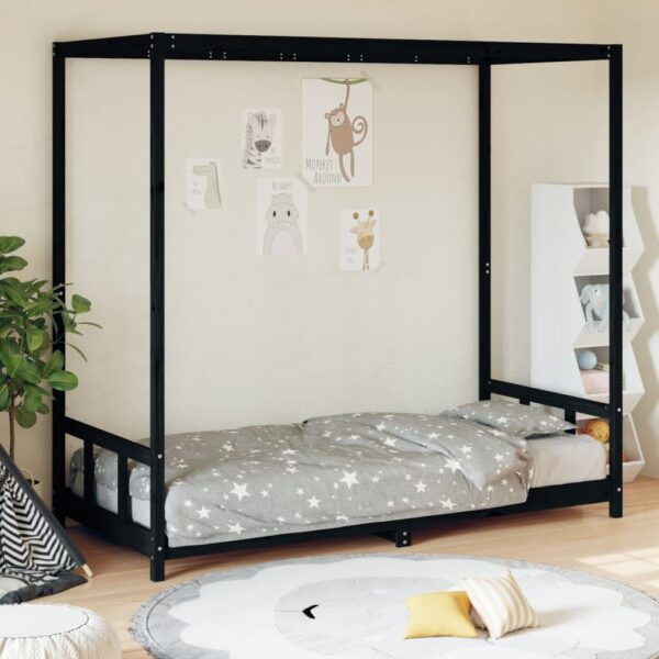 Kids Bed Frame Solid Pine Wood Canopy Design Sturdy Slats Black Low to Ground