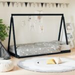 Kids Bed Frame Solid Pine Wood Black Tipi Design Sturdy Slats Children's Bedroom