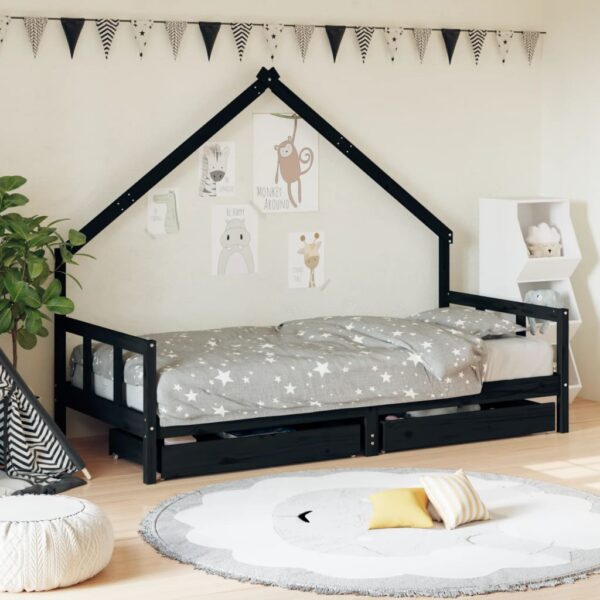 Solid Pine Wood Kids Bed Frame with Storage Drawers - Black House Design