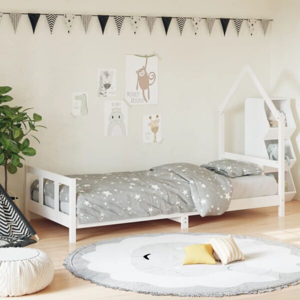 White Solid Pine Wood Kids Bed Frame Single House Design Low Toddler Bed