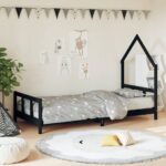 Kids Single Bed Frame Solid Pine Wood House Design Low Sturdy Slats Black Finish