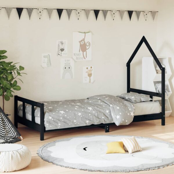 Kids Single Bed Frame Solid Pine Wood House Design Low Sturdy Slats Black Finish