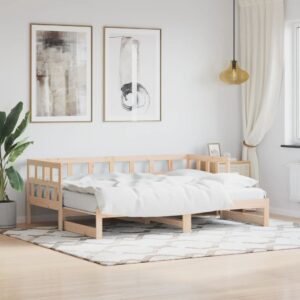 Solid Pine Wood Daybed with Pull-Out Trundle Sofa Bed Guest Sleeper Storage Space