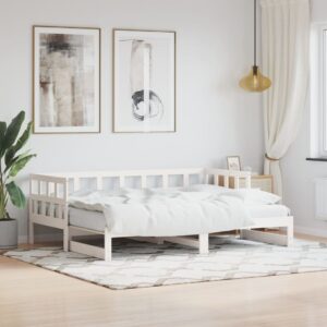 Solid Pine Wood Daybed with Pull-Out Trundle White Single Sofa Bed Frame