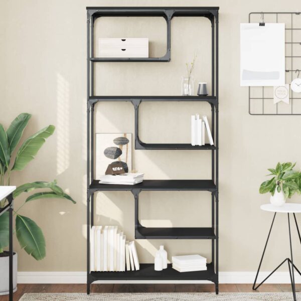 Chic Black Zigzag Bookshelf - Sturdy Metal Frame Engineered Wood Storage