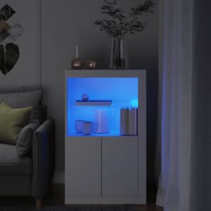 Chic White LED Lighted Side Cabinet Engineered Wood Glass Shelf Storage Organizer