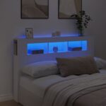 Modern White LED Headboard Engineered Wood with RGB Lights & Storage Shelf