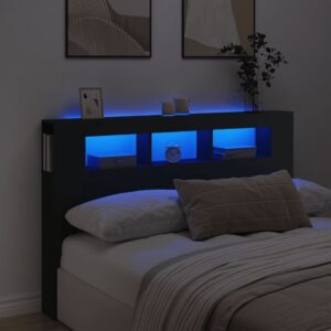 Modern LED Headboard Black Engineered Wood with RGB Lights and USB Connector