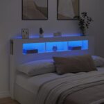 Modern White LED Headboard Engineered Wood with RGB Lights & Storage Shelf