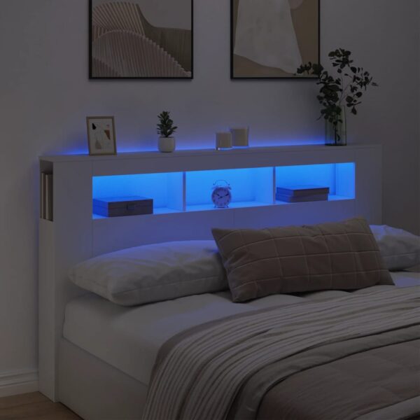 Modern White LED Headboard Engineered Wood with RGB Lights & Storage Shelf