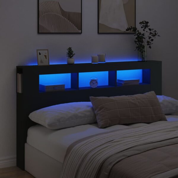 Modern LED Headboard Black Engineered Wood with RGB Lights and Storage Shelf