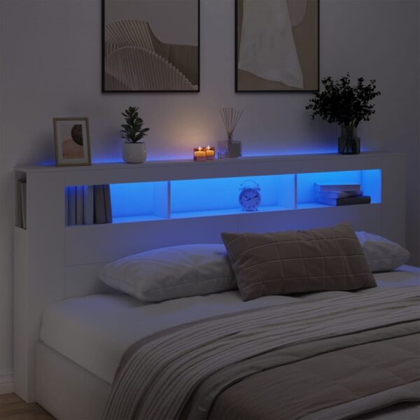 Modern White LED Headboard Engineered Wood with RGB Lights & Storage Shelf