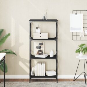 Stylish Black Engineered Wood Bookcase with Metal Frame - Four Tier Storage