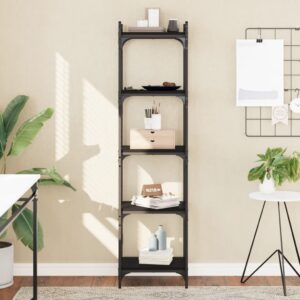 Stylish Black 5-Tier Bookshelf Engineered Wood Metal Frame Adjustable Feet