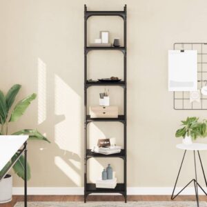 Stylish Black Engineered Wood Bookcase with Metal Frame - Six Tier Storage