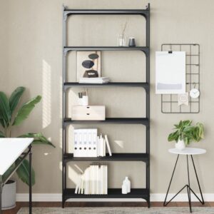 Stylish Black 6-Tier Bookshelf - Engineered Wood Metal Frame Adjustable Feet