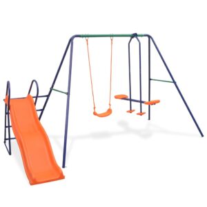 Outdoor Kids Swing Set with Slide Dual Seat Playground Backyard Play Fun Durable