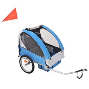 Child Bike Trailer with Safety Harness Canopy Mesh Screen Foldable Blue Grey