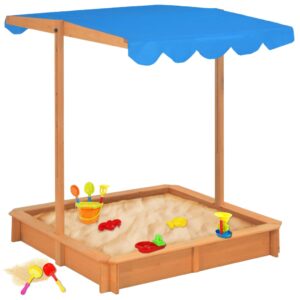 Kids Outdoor Wooden Sandbox with UV Protection Adjustable Canopy Blue Play Area