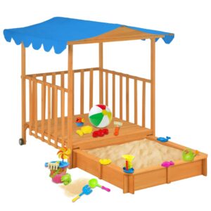 Outdoor Wooden Playhouse Sandbox Combo with Blue UV50 Protective Roof for Kids