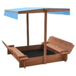 Kids Outdoor Wooden Sandbox with Convertible Canopy and Bench Seats Play Area