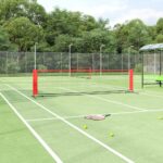 Portable Outdoor Tennis Net Durable Polyester Steel Frame Easy Setup Black Red