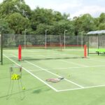 Portable Outdoor Tennis Net Durable Polyester Steel Frame Easy Setup Black Red