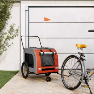 Pet Bike Trailer Comfortable Oxford Fabric Iron Frame Orange Grey with PVC Cover