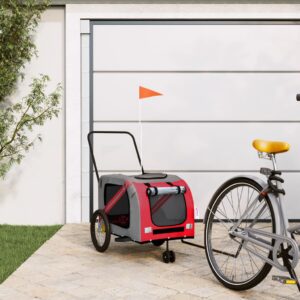 Pet Bicycle Trailer Comfortable Oxford Fabric Iron Frame Red Grey with Safety Flag