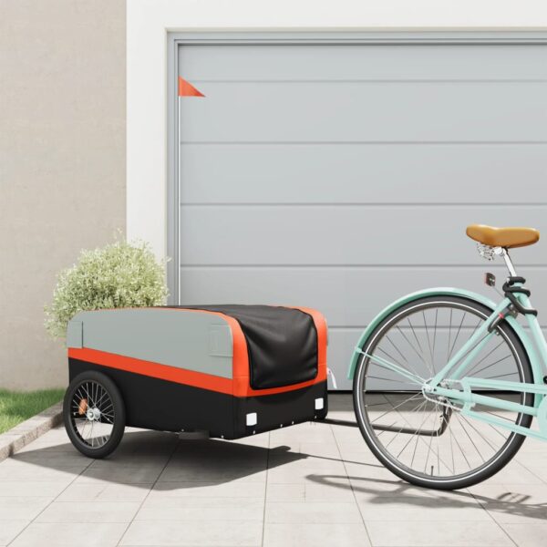 Heavy Duty Bike Cargo Trailer with Safety Flag in Black & Orange - Sturdy Iron