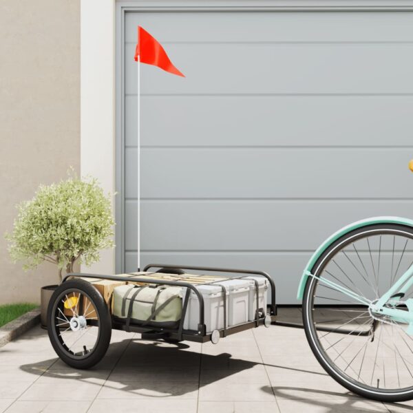 Heavy Duty Cargo Bike Trailer with Safety Flag Black Iron Tow Cart Transport