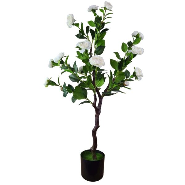 HomeDiscount-Flowering Natural White Artificial Camellia Tree 100cm