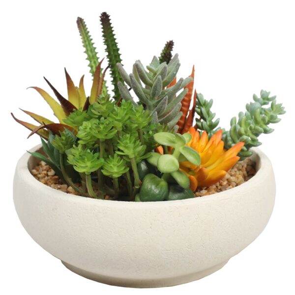 HomeDiscount-Potted Artificial Succulent Bowl with Natural Stone Pot 21cm