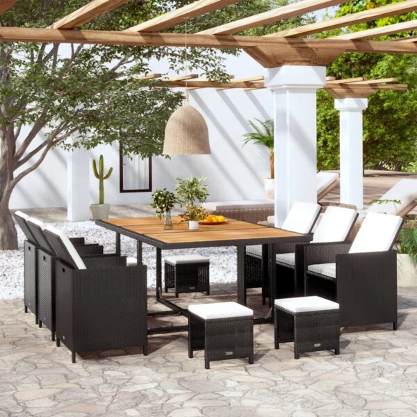 HomeDiscount-11 Piece Outdoor Dining Set with Cushions Poly Rattan Black