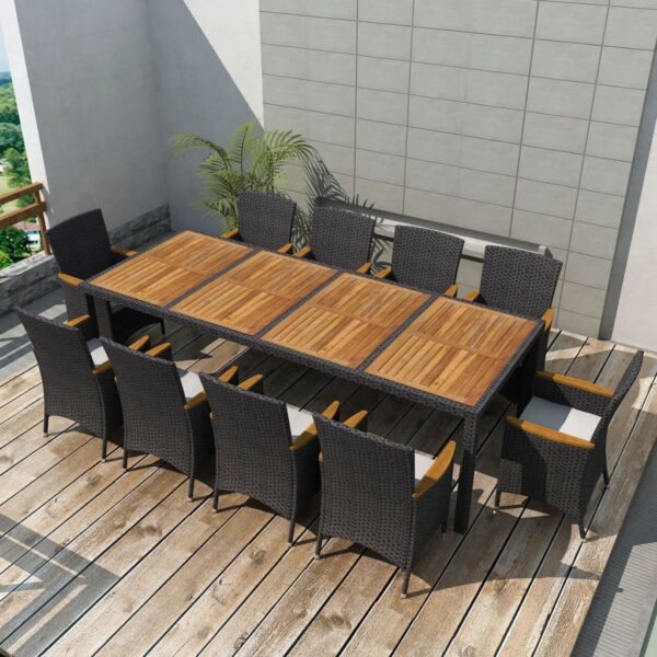 HomeDiscount-11 Piece Outdoor Dining Set with Cushions Poly Rattan Black