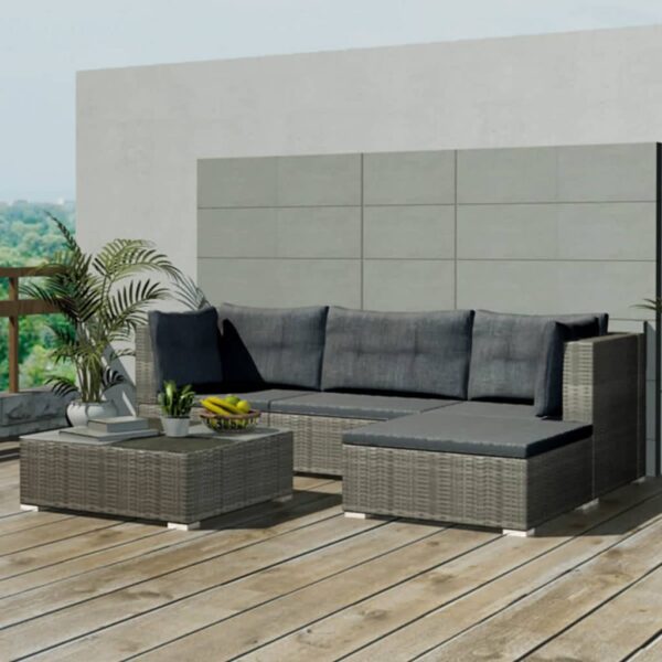 HomeDiscount-5 Piece Garden Lounge Set with Cushions Poly Rattan Grey