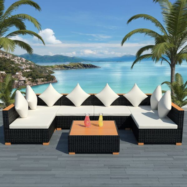 HomeDiscount-7 Piece Garden Lounge Set with Cushions Poly Rattan Black