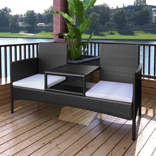 HomeDiscount-2-Seater Garden Sofa with Tea Table Poly Rattan Black